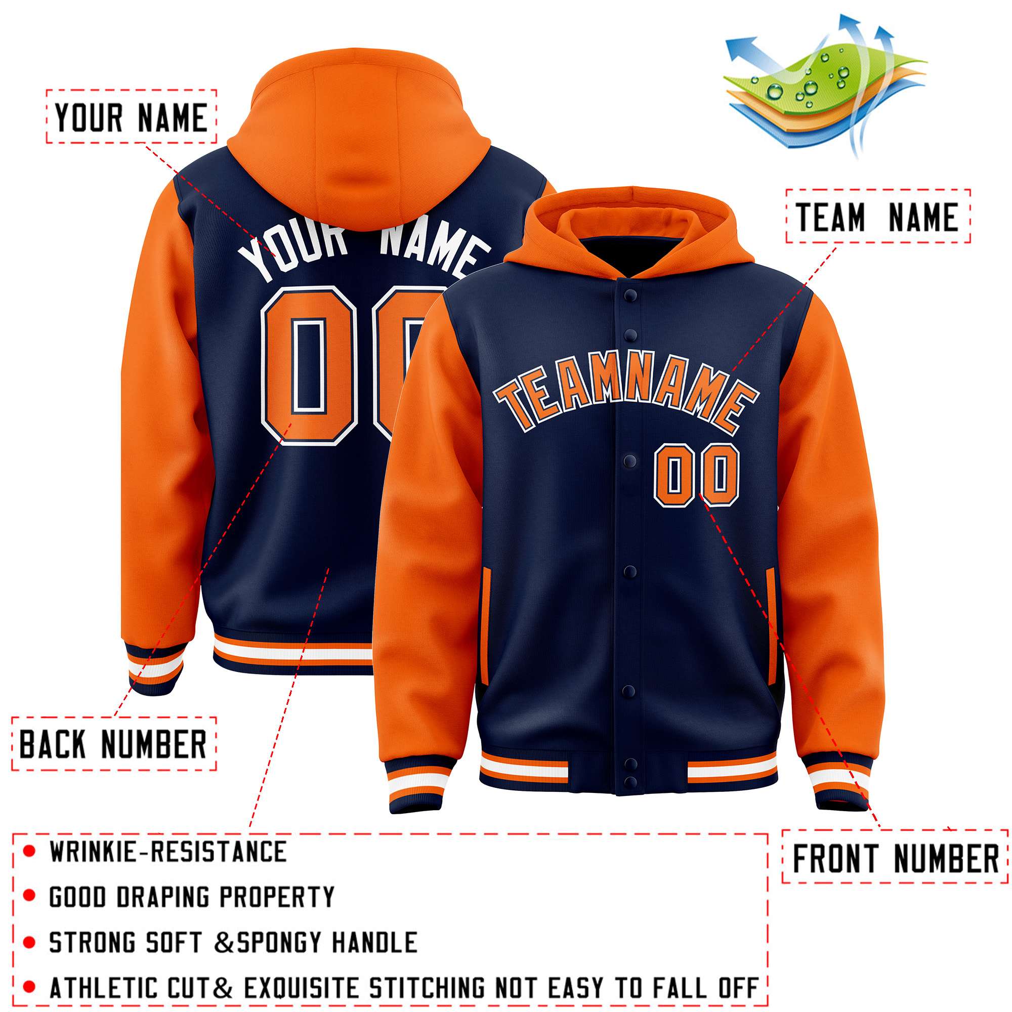 Custom Navy Orange Raglan Sleeves Varsity Full-Snap Letterman Two Tone Jacket Hoodie