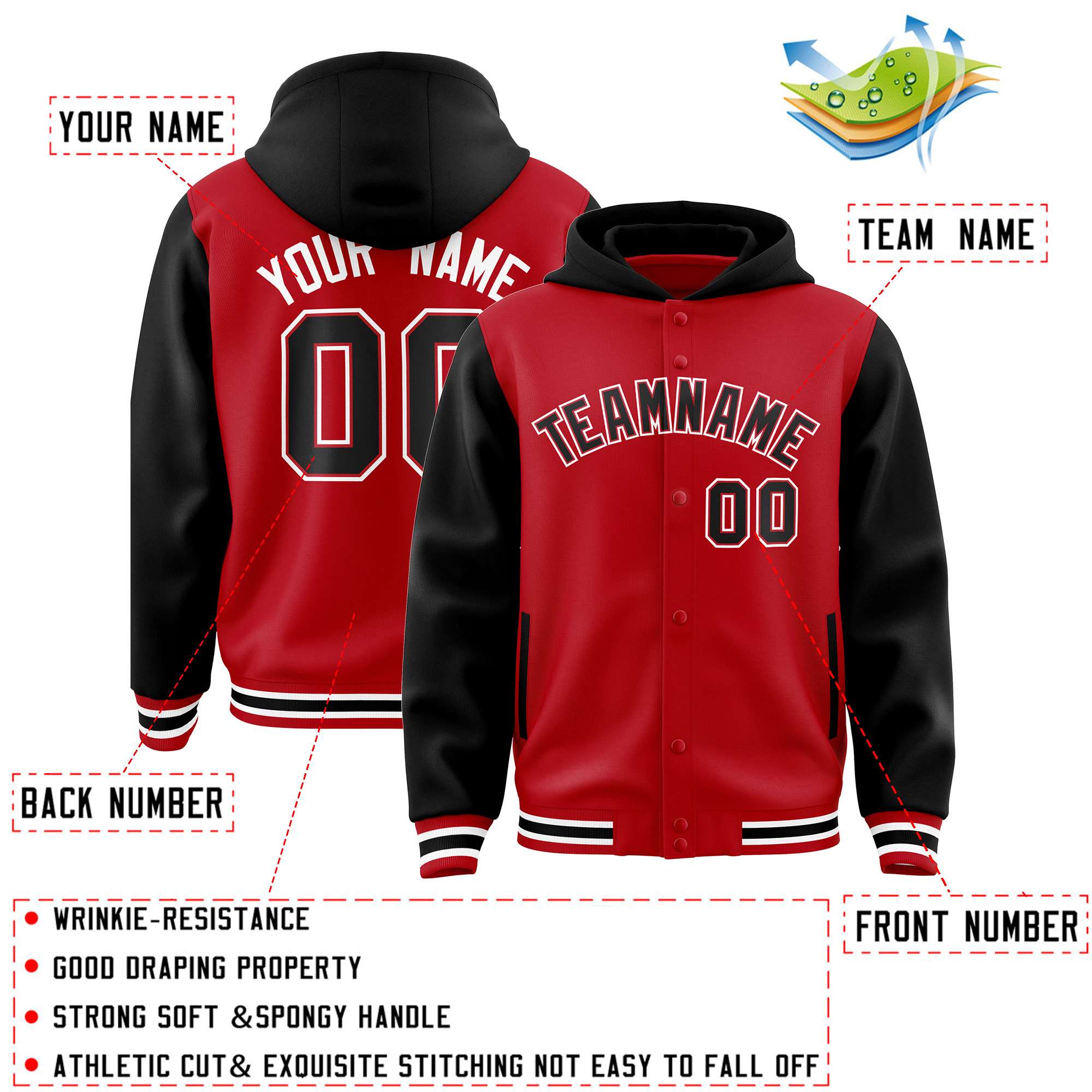 Custom Red Black Raglan Sleeves Varsity Full-Snap Letterman Two Tone Jacket Hoodie
