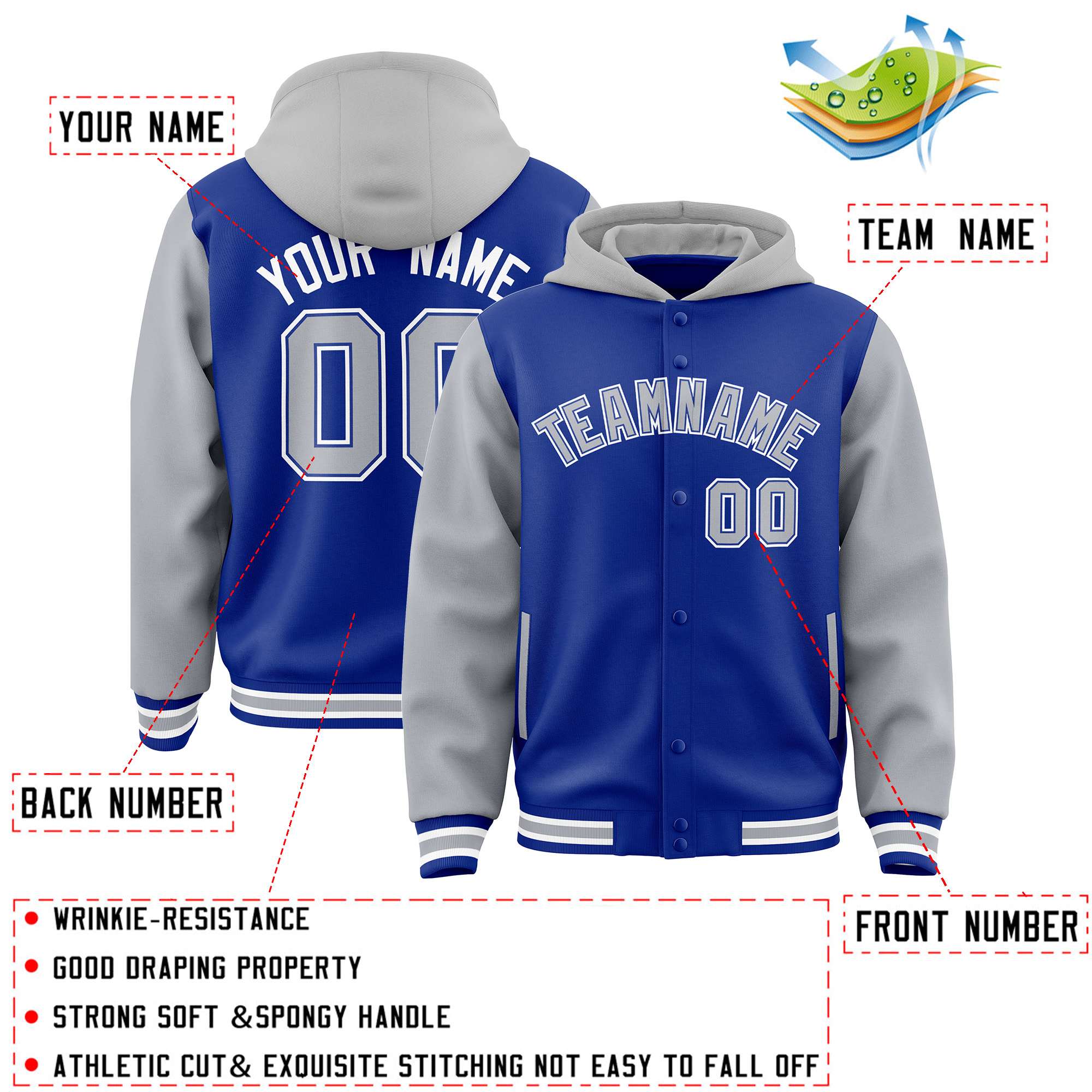 Custom Royal Gray Raglan Sleeves Varsity Full-Snap Letterman Two Tone Jacket Hoodie