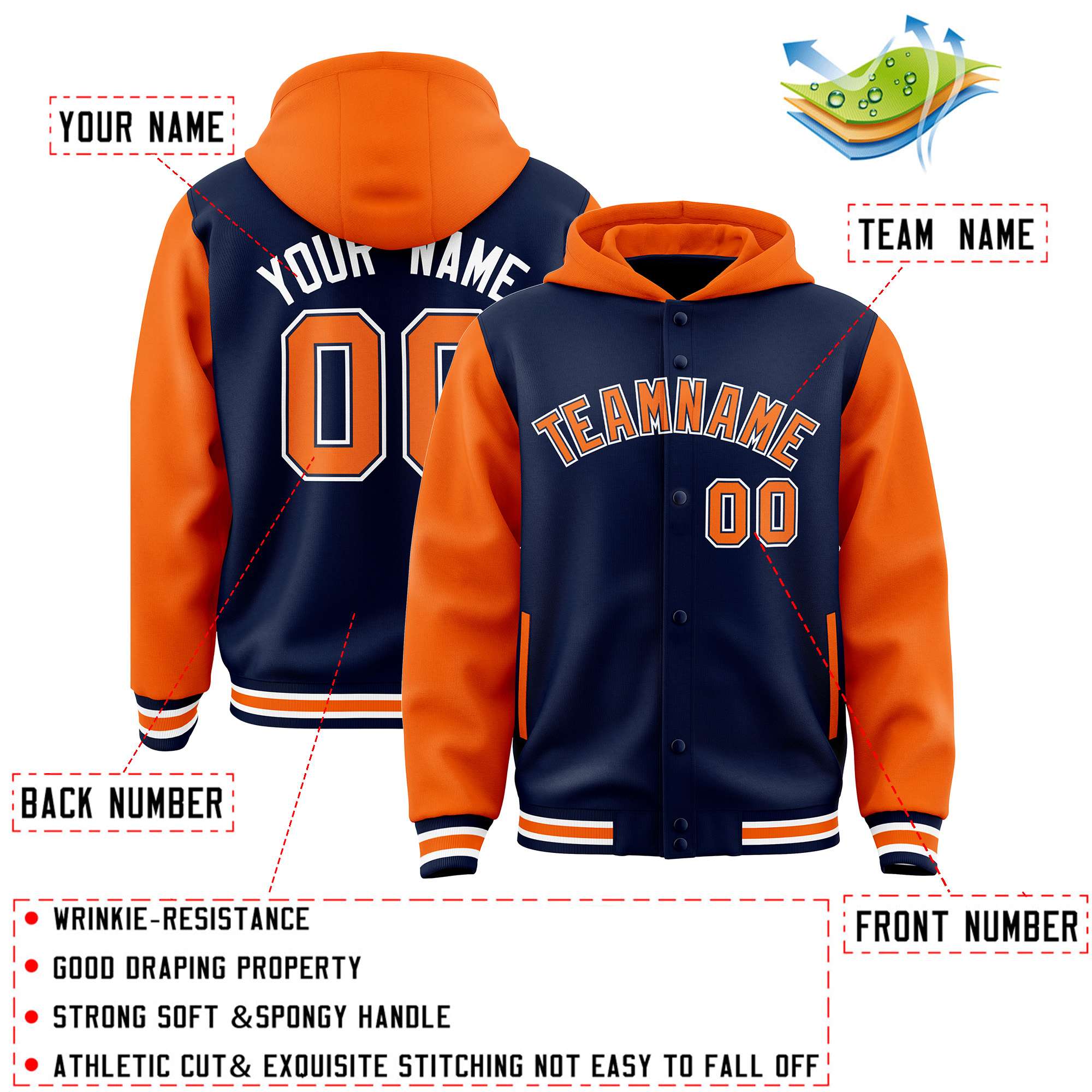 Custom Navy Orange Raglan Sleeves Varsity Full-Snap Letterman Two Tone Jacket Hoodie