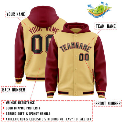 Custom Khaki Crimson Raglan Sleeves Varsity Full-Snap Letterman Two Tone Jacket Hoodie