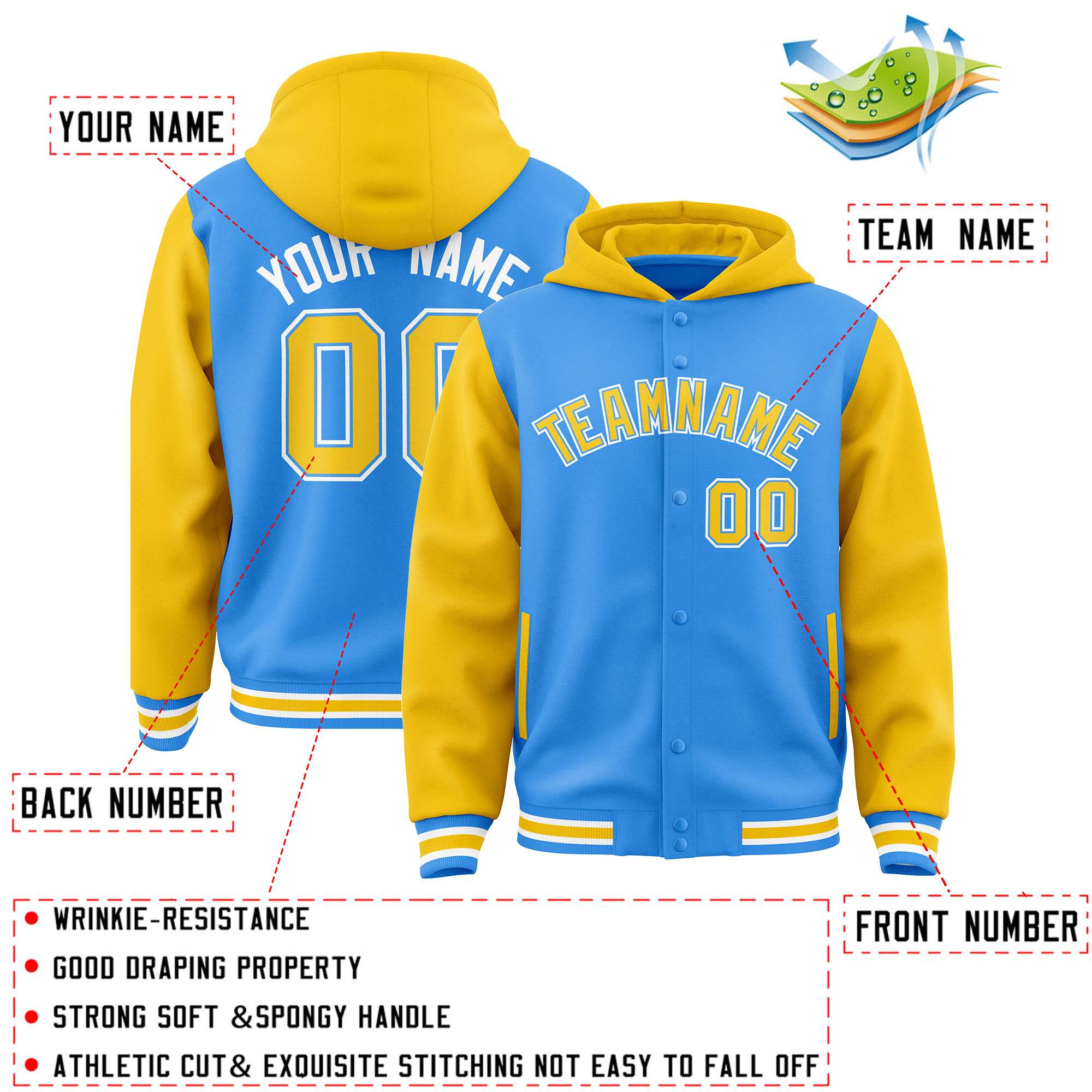 Custom Powder Blue Gold Raglan Sleeves Varsity Full-Snap Letterman Two Tone Jacket Hoodie