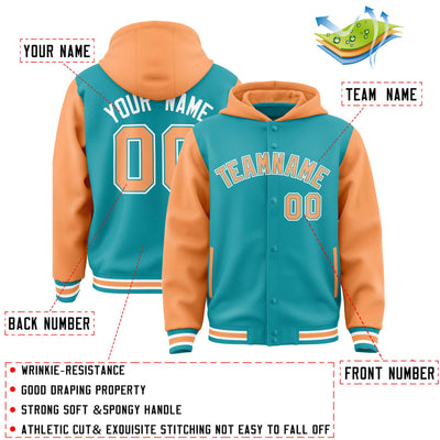 Custom Aqua Orange Raglan Sleeves Varsity Full-Snap Letterman Two Tone Jacket Hoodie