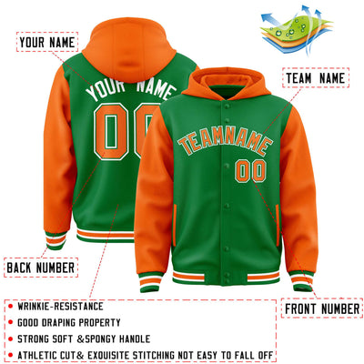 Custom Kelly Green Orange Raglan Sleeves Varsity Full-Snap Letterman Two Tone Jacket Hoodie