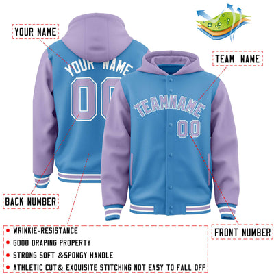 Custom Powder Blue Light Purple Raglan Sleeves Varsity Full-Snap Letterman Two Tone Jacket Hoodie