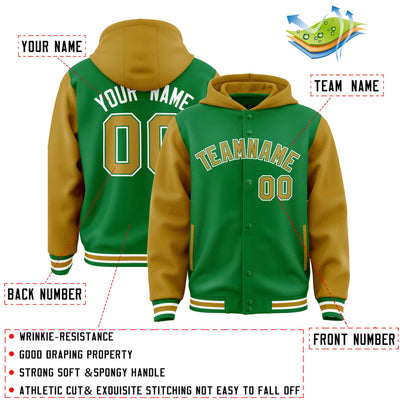 Custom Kelly Green Old Gold Raglan Sleeves Varsity Full-Snap Letterman Two Tone Jacket Hoodie