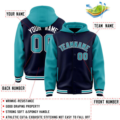 Custom Navy Aqua Raglan Sleeves Varsity Full-Snap Letterman Two Tone Jacket Hoodie