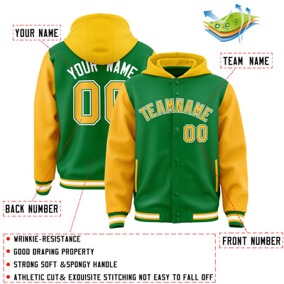 Custom Kelly Green Gold Raglan Sleeves Varsity Full-Snap Letterman Two Tone Jacket Hoodie