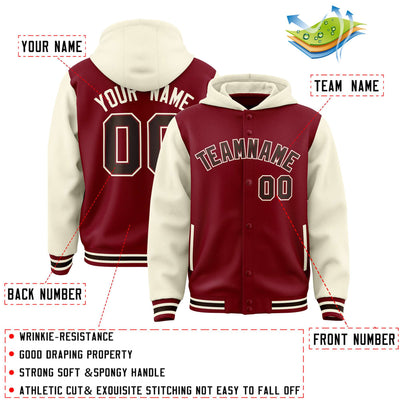 Custom Crimson Cream Raglan Sleeves Varsity Full-Snap Letterman Two Tone Jacket Hoodie
