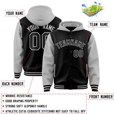 Custom Black Gray Raglan Sleeves Varsity Full-Snap Letterman Two Tone Jacket Hoodie