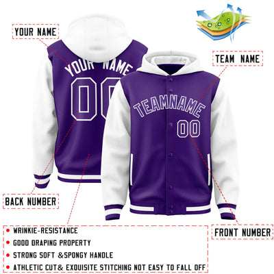 Custom Purple White Raglan Sleeves Varsity Full-Snap Letterman Two Tone Jacket Hoodie