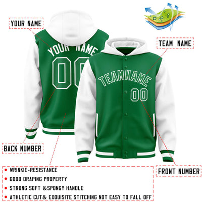 Custom Kelly Green White Raglan Sleeves Varsity Full-Snap Letterman Two Tone Jacket Hoodie