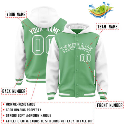 Custom Green White Raglan Sleeves Varsity Full-Snap Letterman Two Tone Jacket Hoodie