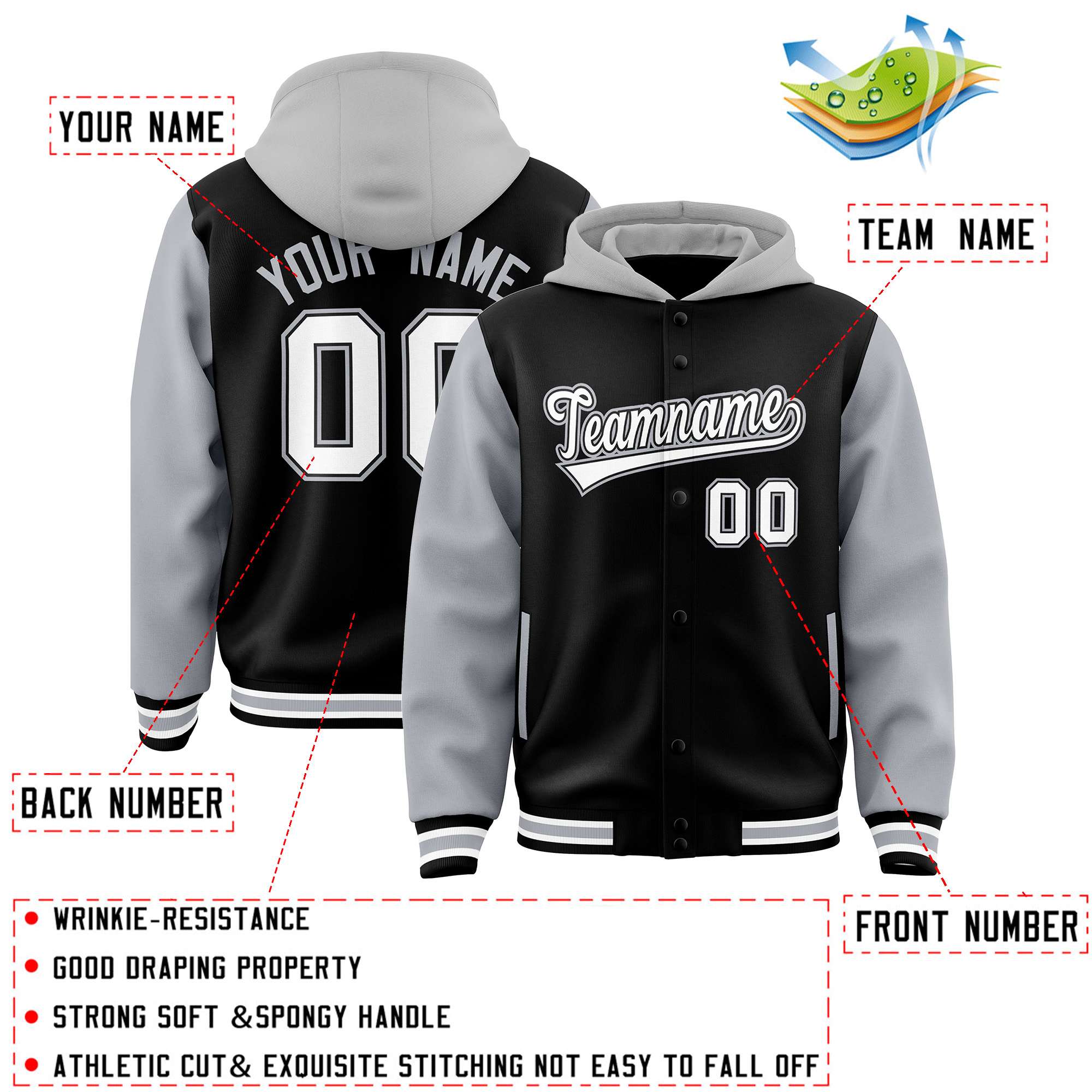 Custom Black Gray Raglan Sleeves Varsity Full-Snap Letterman Two Tone Jacket Hoodie