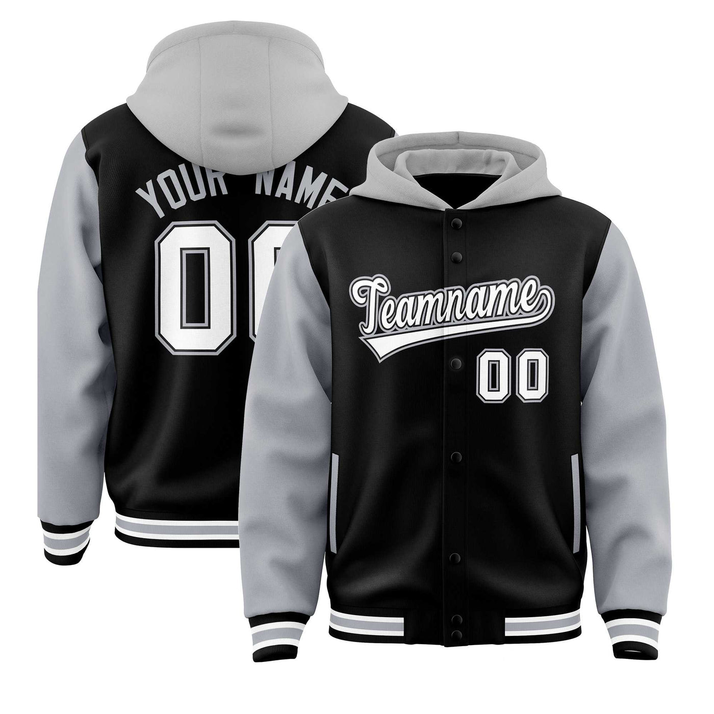 Custom Black Gray Raglan Sleeves Varsity Full-Snap Letterman Two Tone Jacket Hoodie