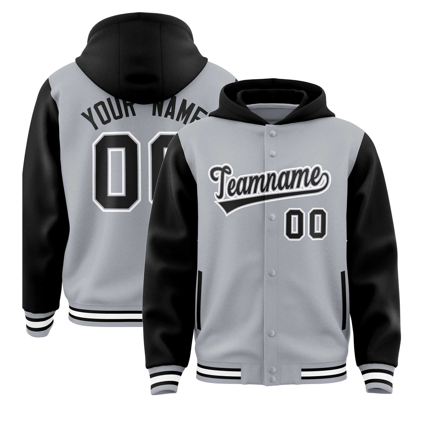 Custom Gray Black Raglan Sleeves Varsity Full-Snap Letterman Two Tone Jacket Hoodie