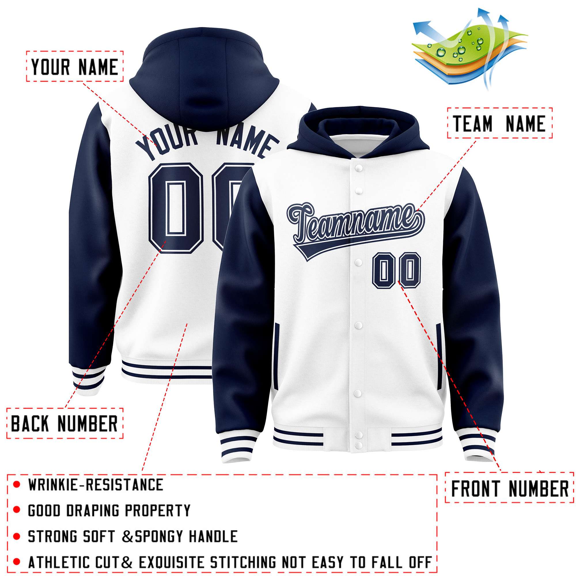 Custom White Navy Raglan Sleeves Varsity Full-Snap Letterman Two Tone Jacket Hoodie