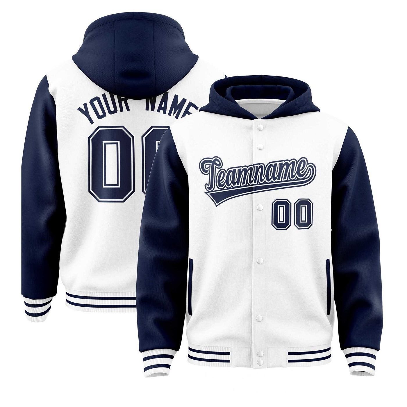 Custom White Navy Raglan Sleeves Varsity Full-Snap Letterman Two Tone Jacket Hoodie
