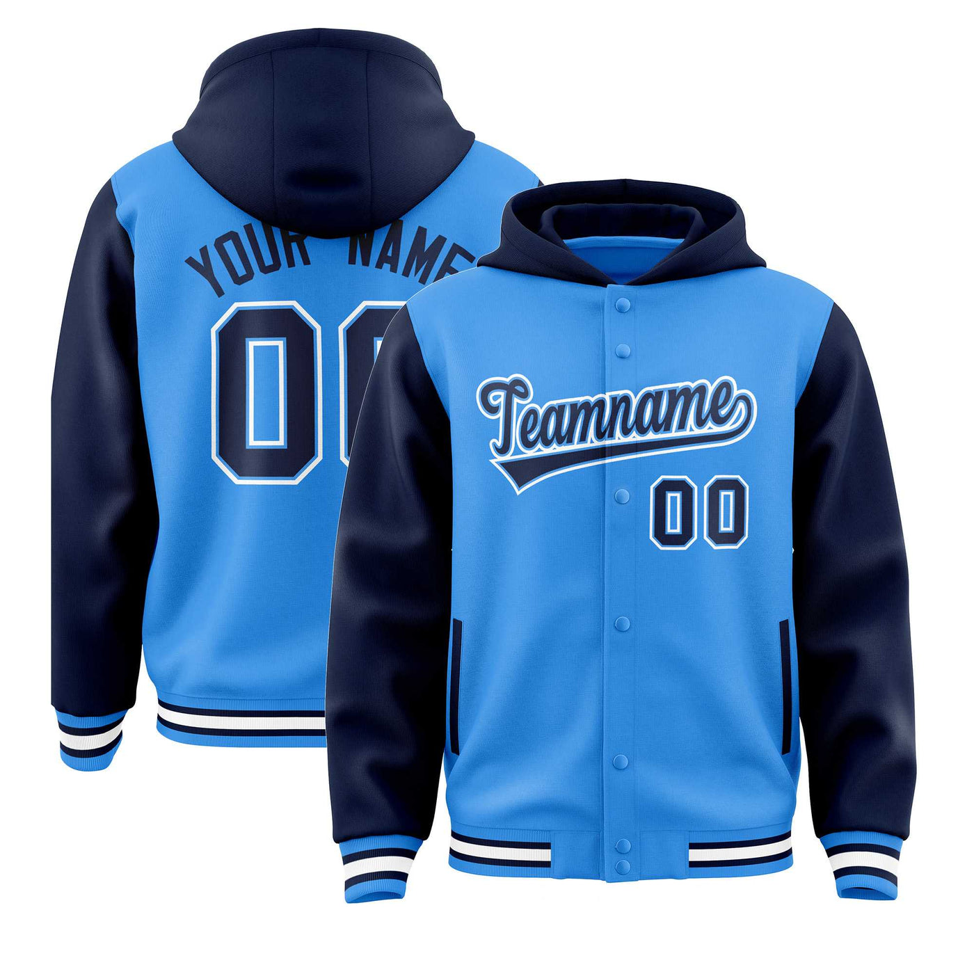 Custom Powder Blue Navy Raglan Sleeves Varsity Full-Snap Letterman Two Tone Jacket Hoodie