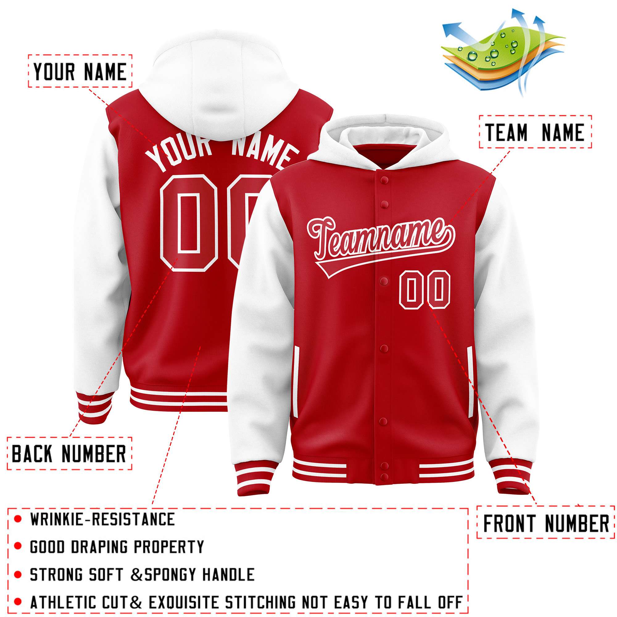 Custom Red White Raglan Sleeves Varsity Full-Snap Letterman Two Tone Jacket Hoodie