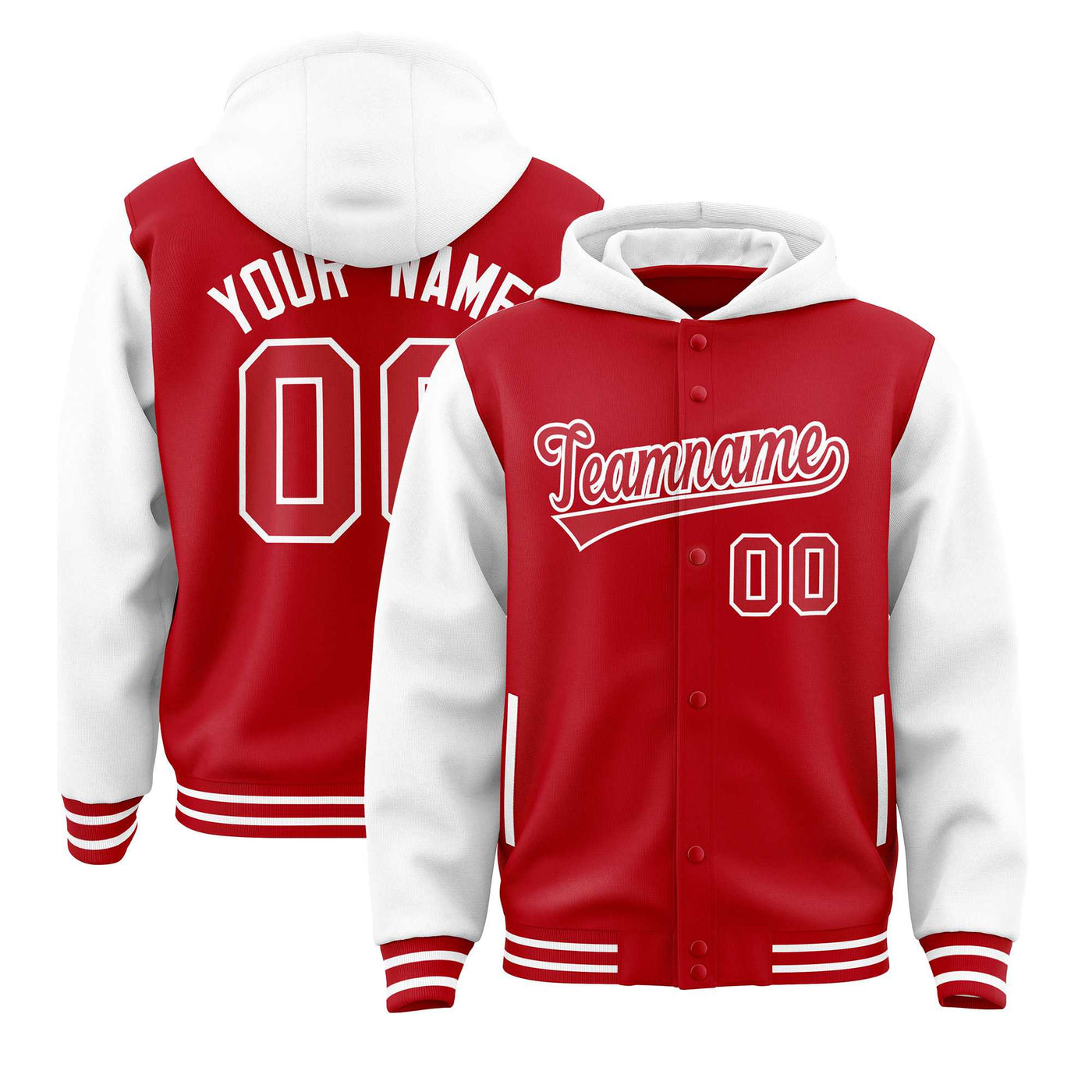 Custom Red White Raglan Sleeves Varsity Full-Snap Letterman Two Tone Jacket Hoodie