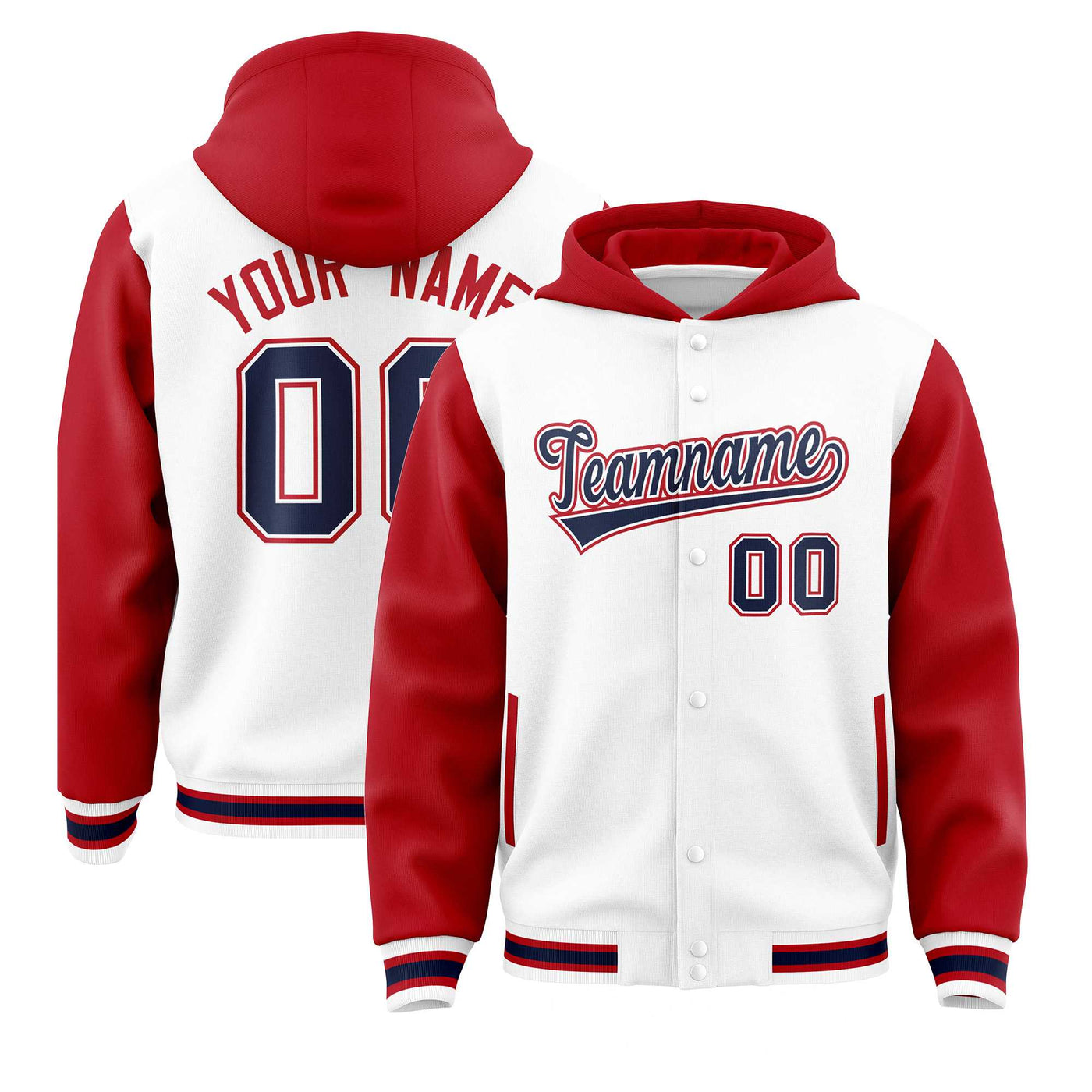 Custom White Red Raglan Sleeves Varsity Full-Snap Letterman Two Tone Jacket Hoodie