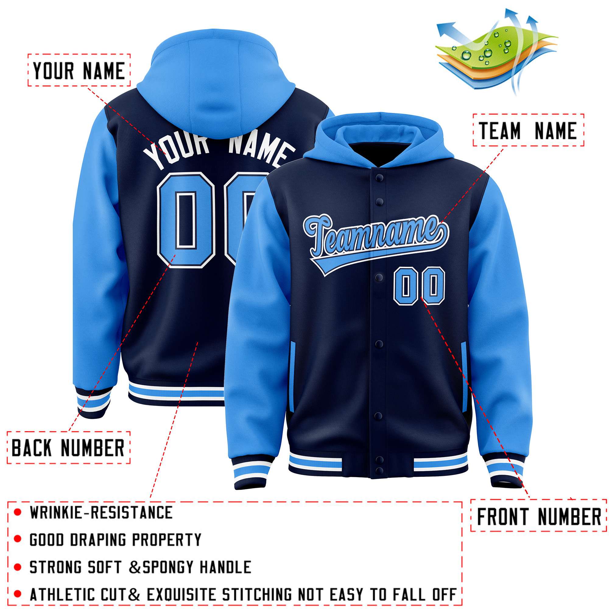 Custom Navy Powder Blue Raglan Sleeves Varsity Full-Snap Letterman Two Tone Jacket Hoodie