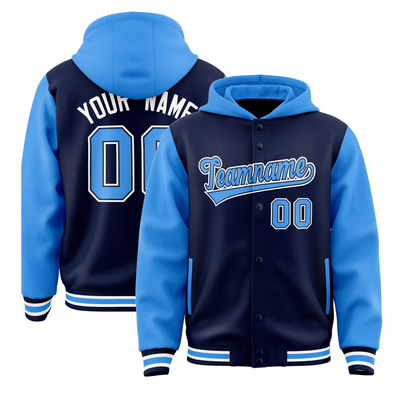 Custom Navy Powder Blue Raglan Sleeves Varsity Full-Snap Letterman Two Tone Jacket Hoodie