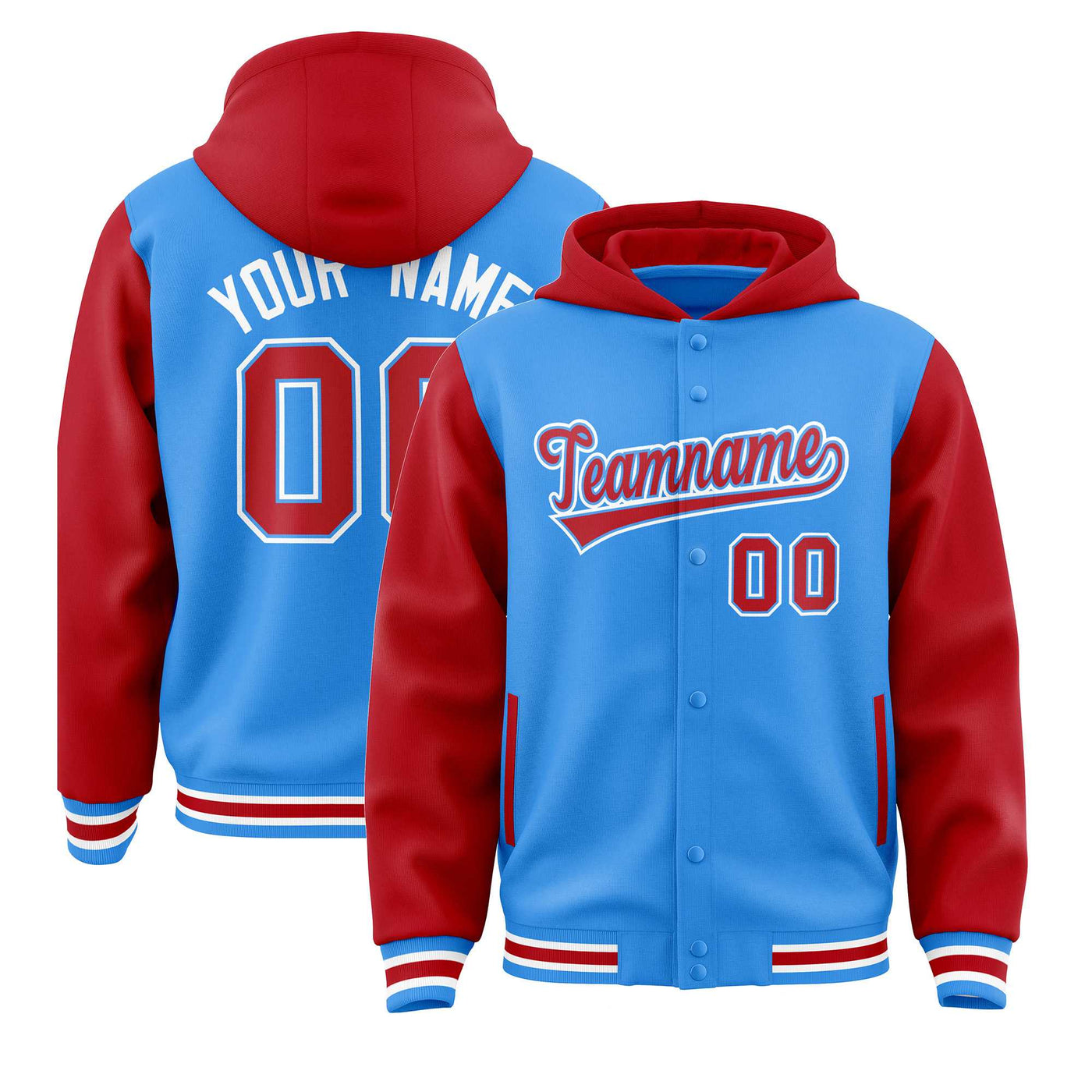 Custom Powder Blue Red Raglan Sleeves Varsity Full-Snap Letterman Two Tone Jacket Hoodie