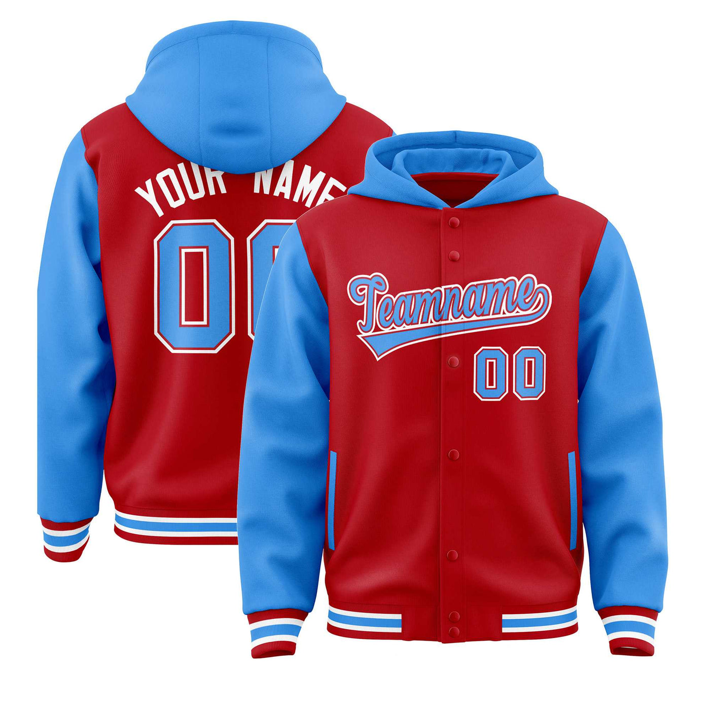 Custom Red Powder Blue Raglan Sleeves Varsity Full-Snap Letterman Two Tone Jacket Hoodie