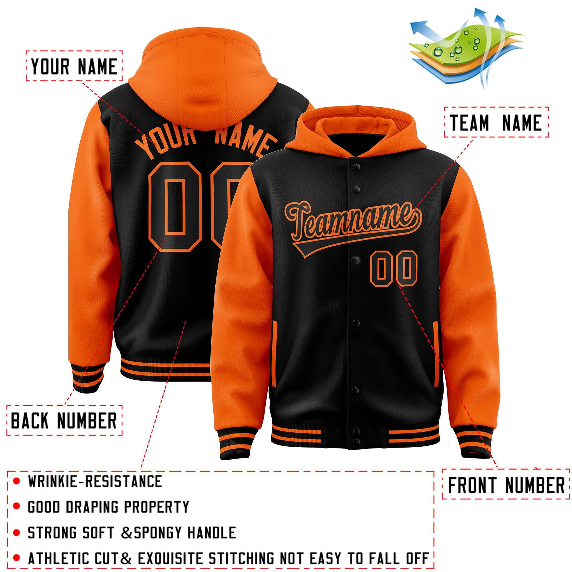 Custom Black Orange Raglan Sleeves Varsity Full-Snap Letterman Two Tone Jacket Hoodie