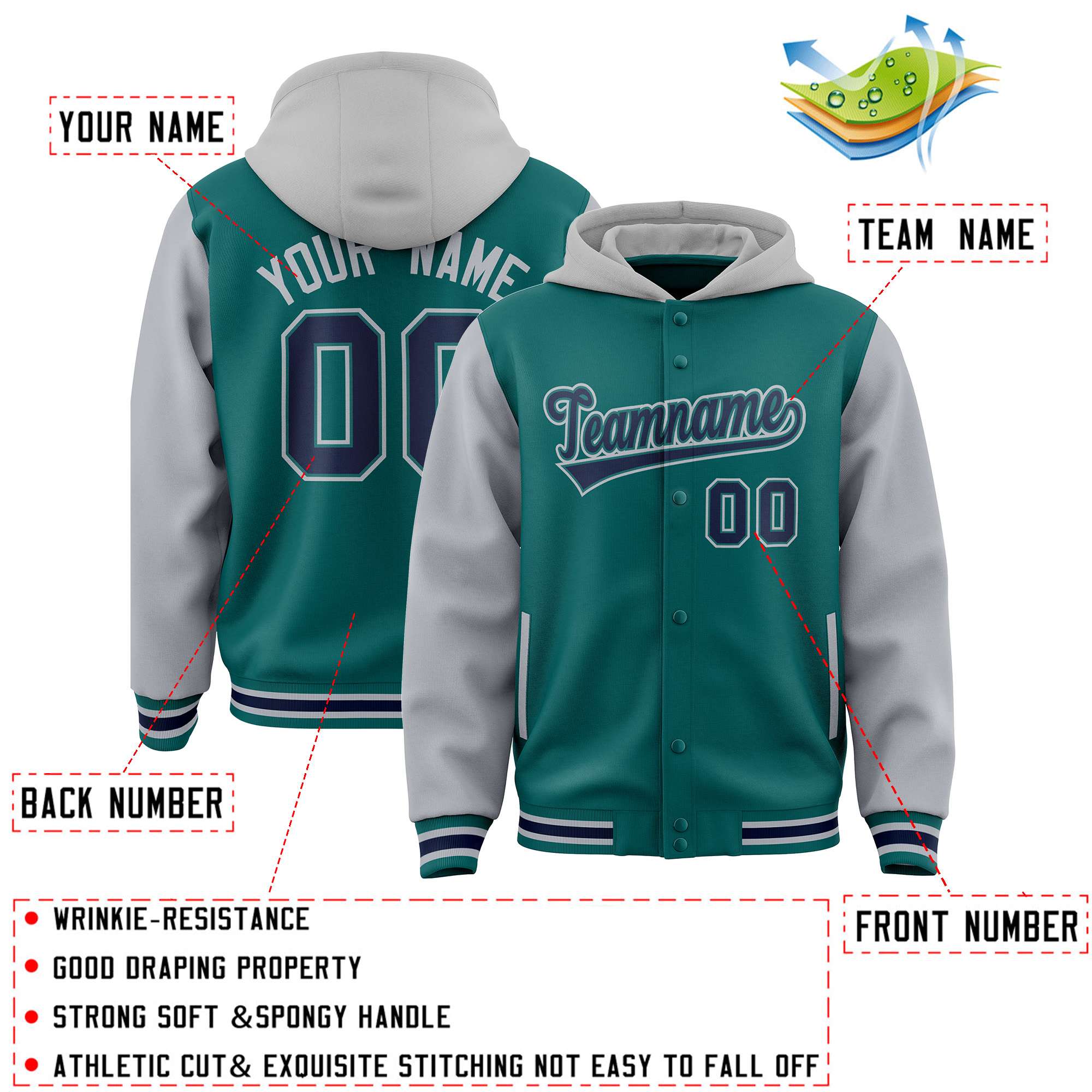 Custom Aqua Gray Raglan Sleeves Varsity Full-Snap Letterman Two Tone Jacket Hoodie