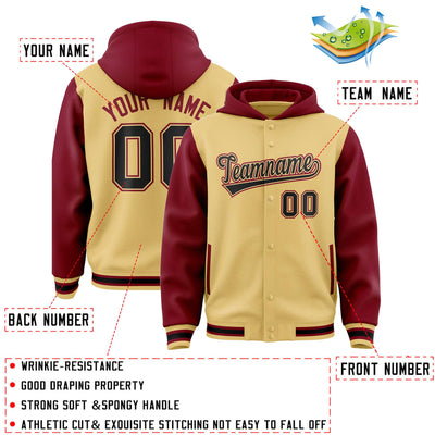 Custom Khaki Crimson Raglan Sleeves Varsity Full-Snap Letterman Two Tone Jacket Hoodie