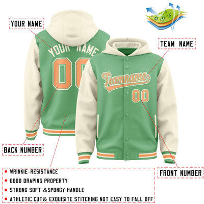 Custom Green Cream Raglan Sleeves Varsity Full-Snap Letterman Two Tone Jacket Hoodie