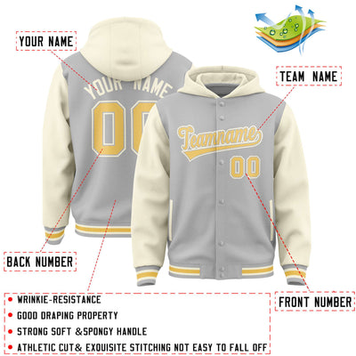 Custom Gray Cream Raglan Sleeves Varsity Full-Snap Letterman Two Tone Jacket Hoodie