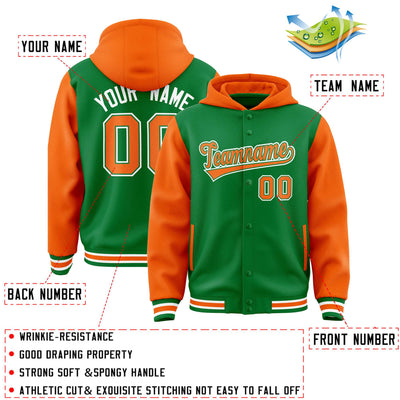 Custom Kelly Green Orange Raglan Sleeves Varsity Full-Snap Letterman Two Tone Jacket Hoodie
