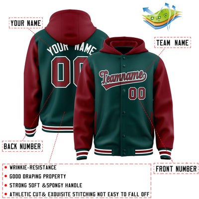 Custom Midnight Green Crimson Raglan Sleeves Varsity Full-Snap Letterman Two Tone Jacket Hoodie