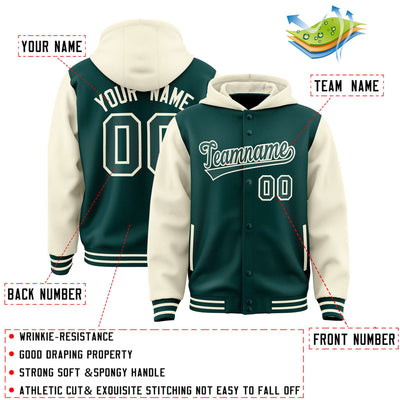 Custom Midnight Green Cream Raglan Sleeves Varsity Full-Snap Letterman Two Tone Jacket Hoodie