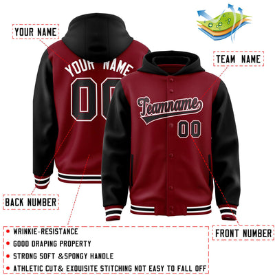 Custom Crimson Black Raglan Sleeves Varsity Full-Snap Letterman Two Tone Jacket Hoodie