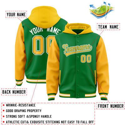 Custom Kelly Green Gold Raglan Sleeves Varsity Full-Snap Letterman Two Tone Jacket Hoodie