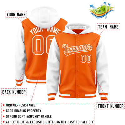 Custom Orange White Raglan Sleeves Varsity Full-Snap Letterman Two Tone Jacket Hoodie