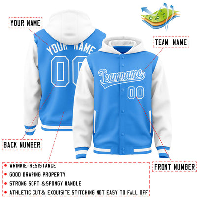 Custom Powder Blue White Raglan Sleeves Varsity Full-Snap Letterman Two Tone Jacket Hoodie