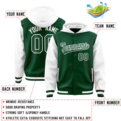 Custom Green White Raglan Sleeves Varsity Full-Snap Letterman Two Tone Jacket Hoodie