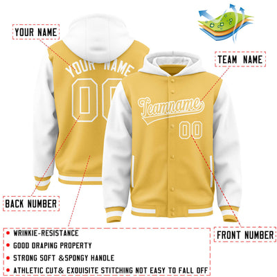 Custom Yellow White Raglan Sleeves Varsity Full-Snap Letterman Two Tone Jacket Hoodie