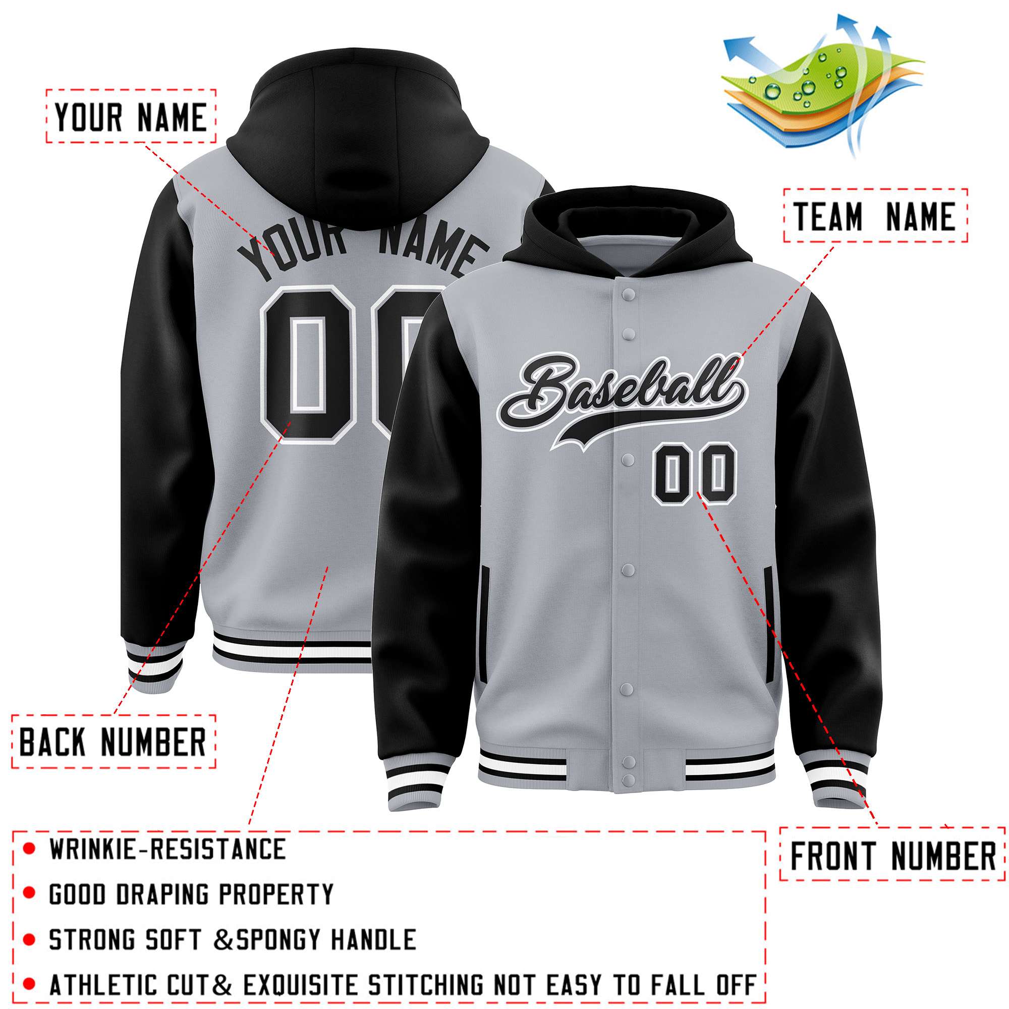 Custom Gray Black Raglan Sleeves Varsity Full-Snap Letterman Two Tone Jacket Hoodie