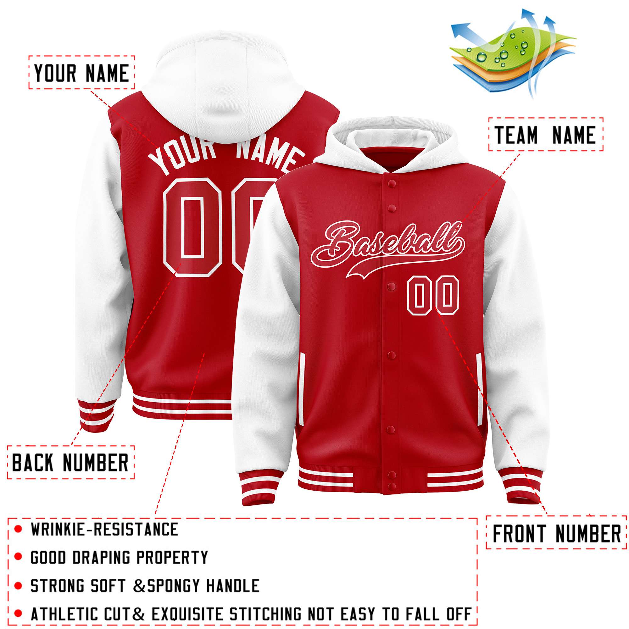 Custom Red White Raglan Sleeves Varsity Full-Snap Letterman Two Tone Jacket Hoodie