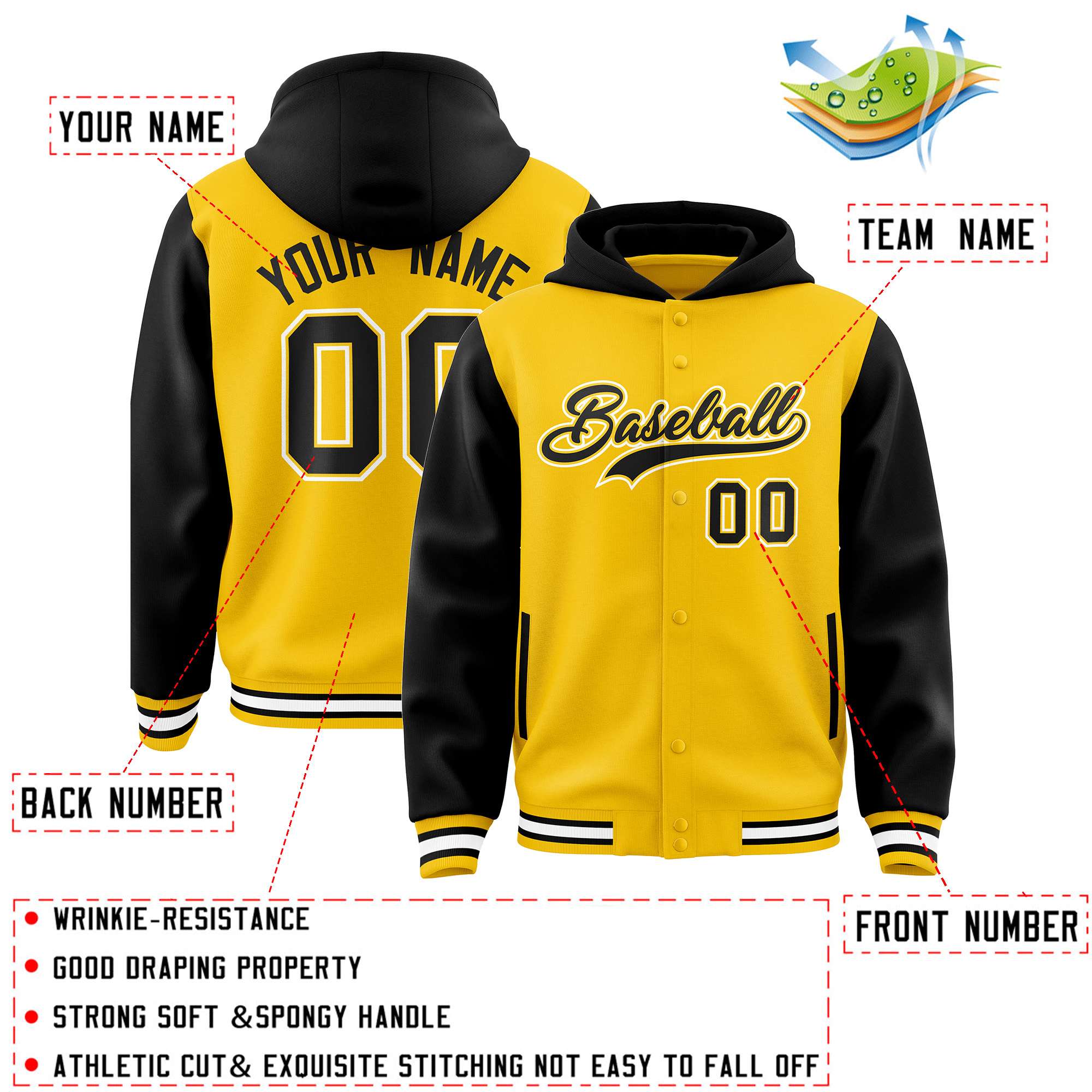 Custom Gold Black Raglan Sleeves Varsity Full-Snap Letterman Two Tone Jacket Hoodie
