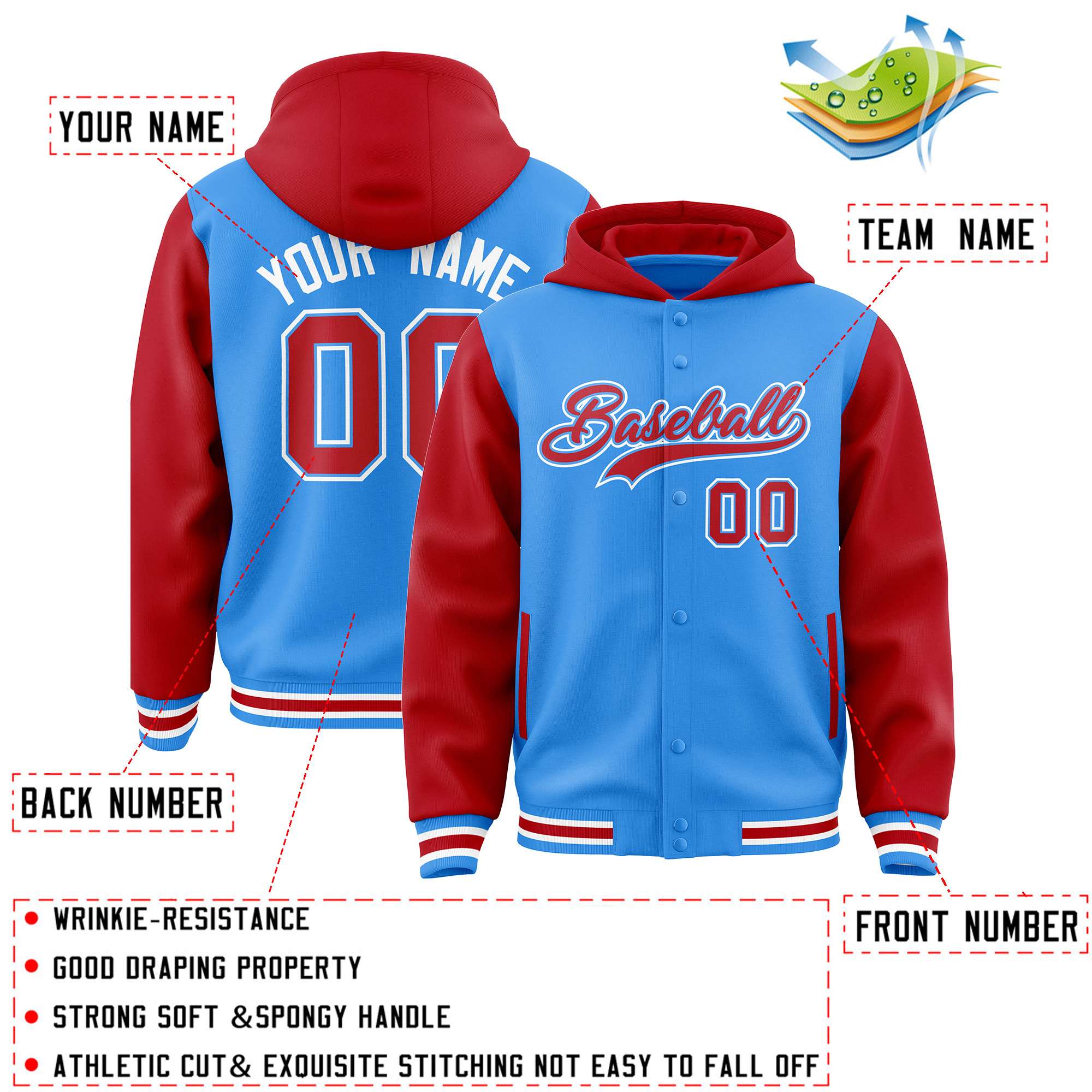 Custom Powder Blue Red Raglan Sleeves Varsity Full-Snap Letterman Two Tone Jacket Hoodie