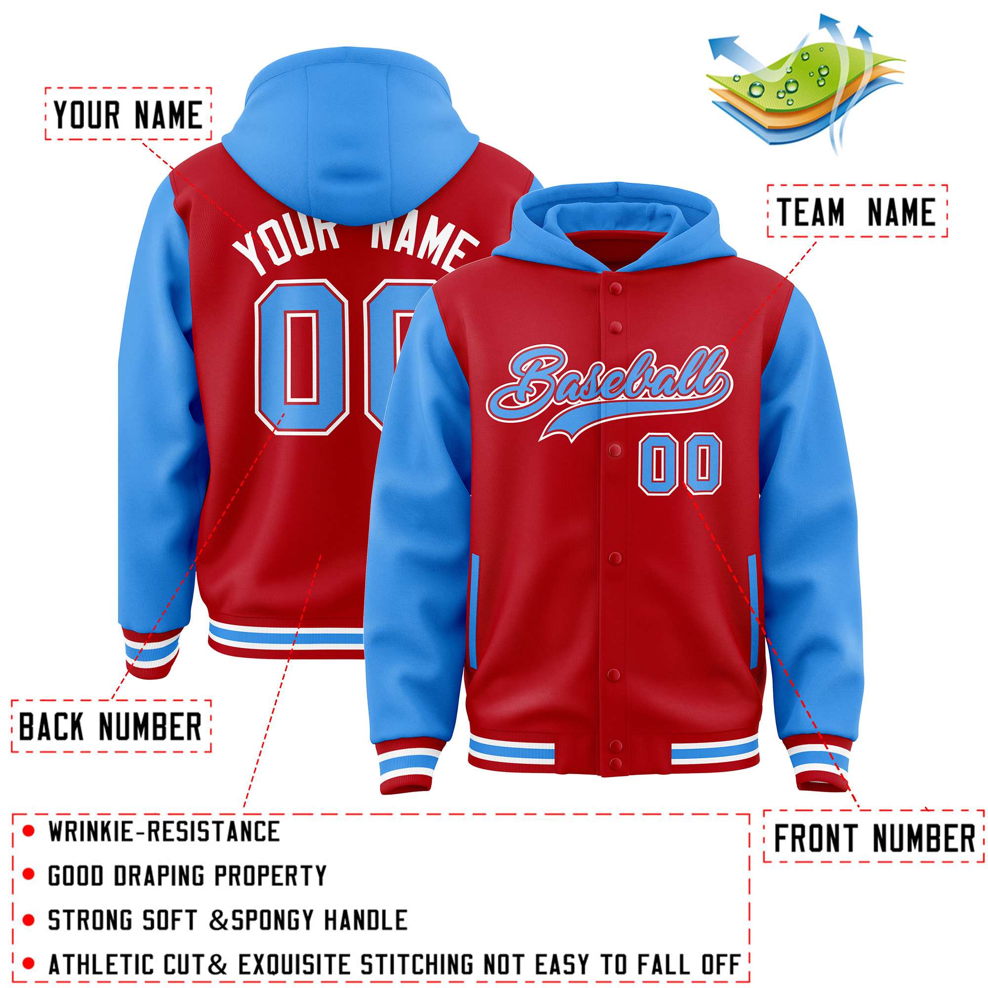 Custom Red Powder Blue Raglan Sleeves Varsity Full-Snap Letterman Two Tone Jacket Hoodie