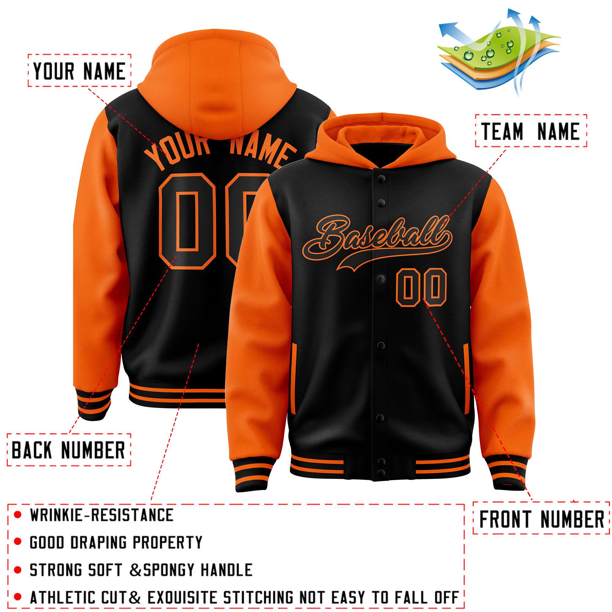 Custom Black Orange Raglan Sleeves Varsity Full-Snap Letterman Two Tone Jacket Hoodie